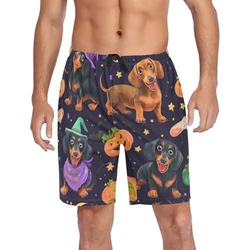 Dachshund Halloween Pumpkin Pajama Bottom Shorts for Men Soft Casual Sleep Lounge Shorts with Pockets S-XXL