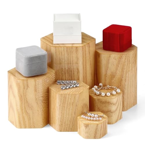 Image of Jetec 12 Pcs Hexagonal Jewelry Display Risers Hexagonal Market Display Risers Stands Acrylic Showcase Acrylic Stand for Jewelry Model Figures Decoration, 6 Sizes (Woodgrain)