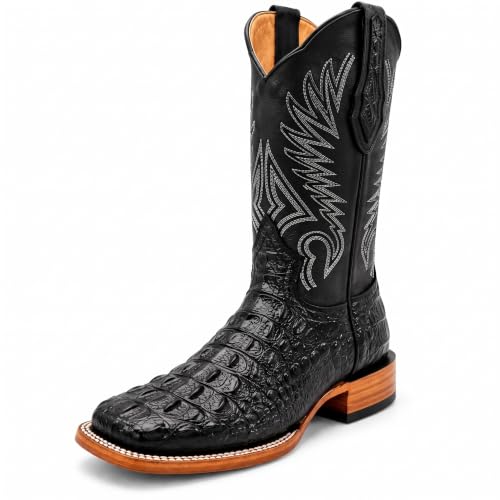 The Western Shops Mens Leather Square Toe Cowboy Boot Embossed Crocodile Alligator Print Western Boot (10, Black)