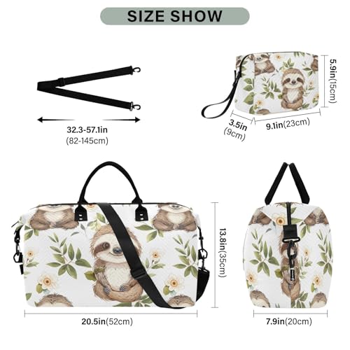 Cute Baby Sloth White Flowers Travel Duffle Bag,Large Weekender Travel Bag for Women Men Waterproof Luggage Bag with Trolley Sleeve,Airplane Travel Essentials for Flying3