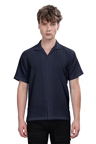 Image of SWADESI STUFF Men's Relaxed Fit Striped Short Sleeve Button-Down Casual Shirt
