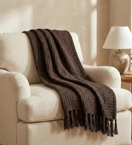 Image of 100% Cotton Waffle Weave Sofa Throw Blanket 50x60 Inches or 125x150 cms Lightweight, Soft & Breathable Couch, Bed or Chair Throw Blanket for Living or Bedroom, Coffee
