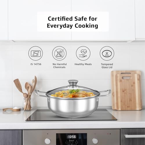 Image of Amazon Brand Solimo - Stainless Steel Induction Bottom Kadhai with Glass Lid 22 Cm