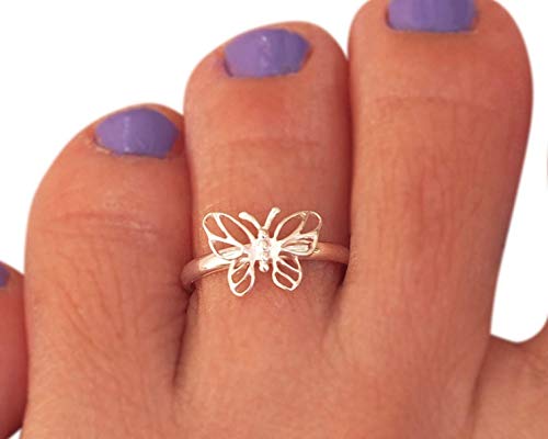 Shiny Sterling Silver Small Butterfly Adjustable Toe Ring Knuckle Ring, Handmade Dainty Elegant Animal Ring