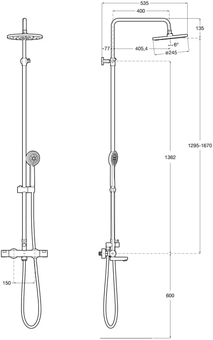 Technical drawing with dimensions of the Roca VICTORIA PLUS shower column
