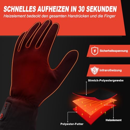 Dr.warm Beheizbare Handschuhe für Herren Damen, Beheizte Winterhandschuhe Dünn Handschuhe mit Heizung, mit TYP C Ladeanschluss für Fahrrad, Walking, Camping, Wandern, Size L