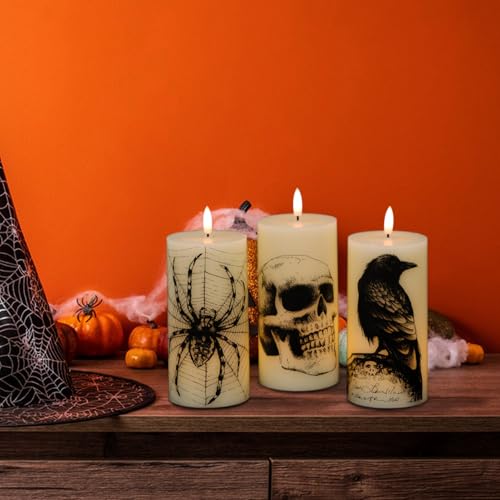 Lasumora Halloween Flameless Candles with Remote Timer - Skull, Spider Web, Crow Raven Decals Set of 3, Battery Operated Halloween Decor LED Candles Horror Gothic Punk Decoration Real Wax