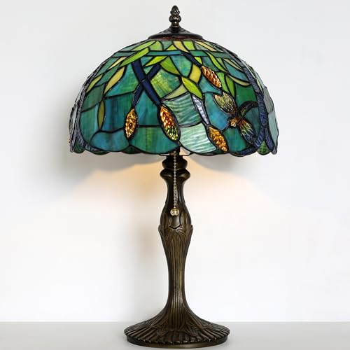 Image of Tiffany Table Lamp Stained Glass Reading Lamp Green Dragonfly Style