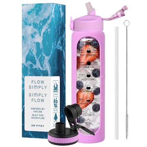 Image of 1 Litre Borosilicate Glass Bottle with Silicone Cover & 2 Lids, Motivational Straw Sipper Water Bottle For Adults with Time & Measurement, 1 Ltr Home, Office & Gym Bottles For Women & Men (Lilac)