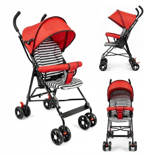 Image of OBABY Stroller with Reclining Seat, Adjustable Canopy, Safety Harness, Smooth Wheels, Compact Folding Design (Foldable-Red)