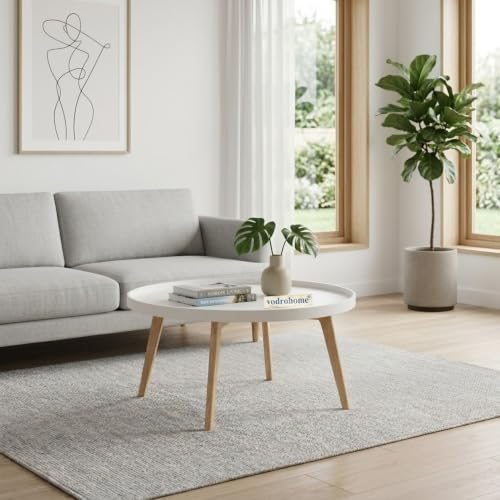 Image of Mango Solid Wood Coffee Table - Round Centre Table with- Mango Ideal Tea Table for Living Rooms C#045 (White Deco and Natural)