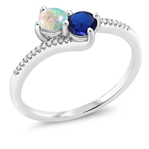 Gem Stone King 10K White Gold White Simulated Opal Blue Created Sapphire and Diamond Engagement Ring For Women (0.67 Cttw, Avaiable in Size 5,6,7,8,9)