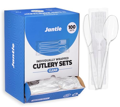 Individually Wrapped Plastic Cutlery Set with Napkin - 100 Pack Heavy Duty Disposable Forks Spoons Knives - Sanitary Wrapped Utensils Packets for Restaurants Catering Takeout Parties (Clear)