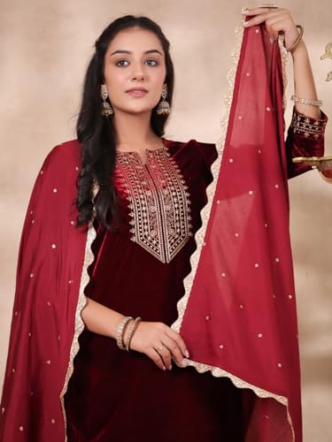 Image of ishin Women's Velvet Yoke Design Zari Maroon Straight Kurta Suit Set with Trousers & Dupatta
