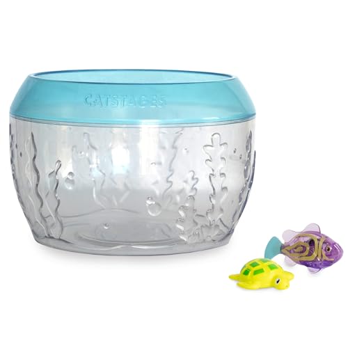 Catstages Meow-SMERIZING Fish Bowl for Cats with Two Water Cat Toys Electronic Swimming Fish and Floating Turtle Included Blue