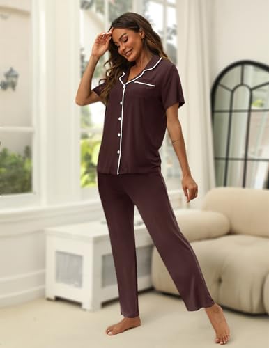 Image of HNG Women Pajamas Set 2 Piece Button Up Pajamas Pant and Short Sleeve Shirt for Woman Pj Sets with Pocket