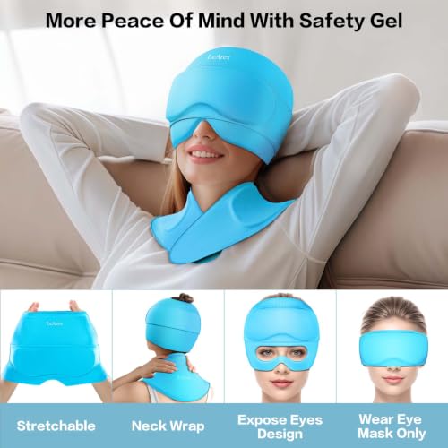 Image of 3 in 1 Migraine Relief Cap Neck Ice Pack Wrap Gel and Ice Eye Masks, Detachable Ice Caps with Eyes Masks, Hot and Cold Therapy for Relief of Headaches, Stiff Neck and Eye Fatigue (ICY Blue)