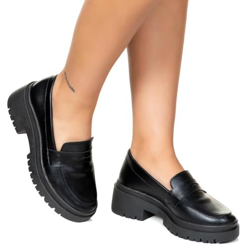 Sapato Mocassim Feminino Tratorado Conforto Moderno Liso Estilo Shoes (Preto, br_footwear_size_syste