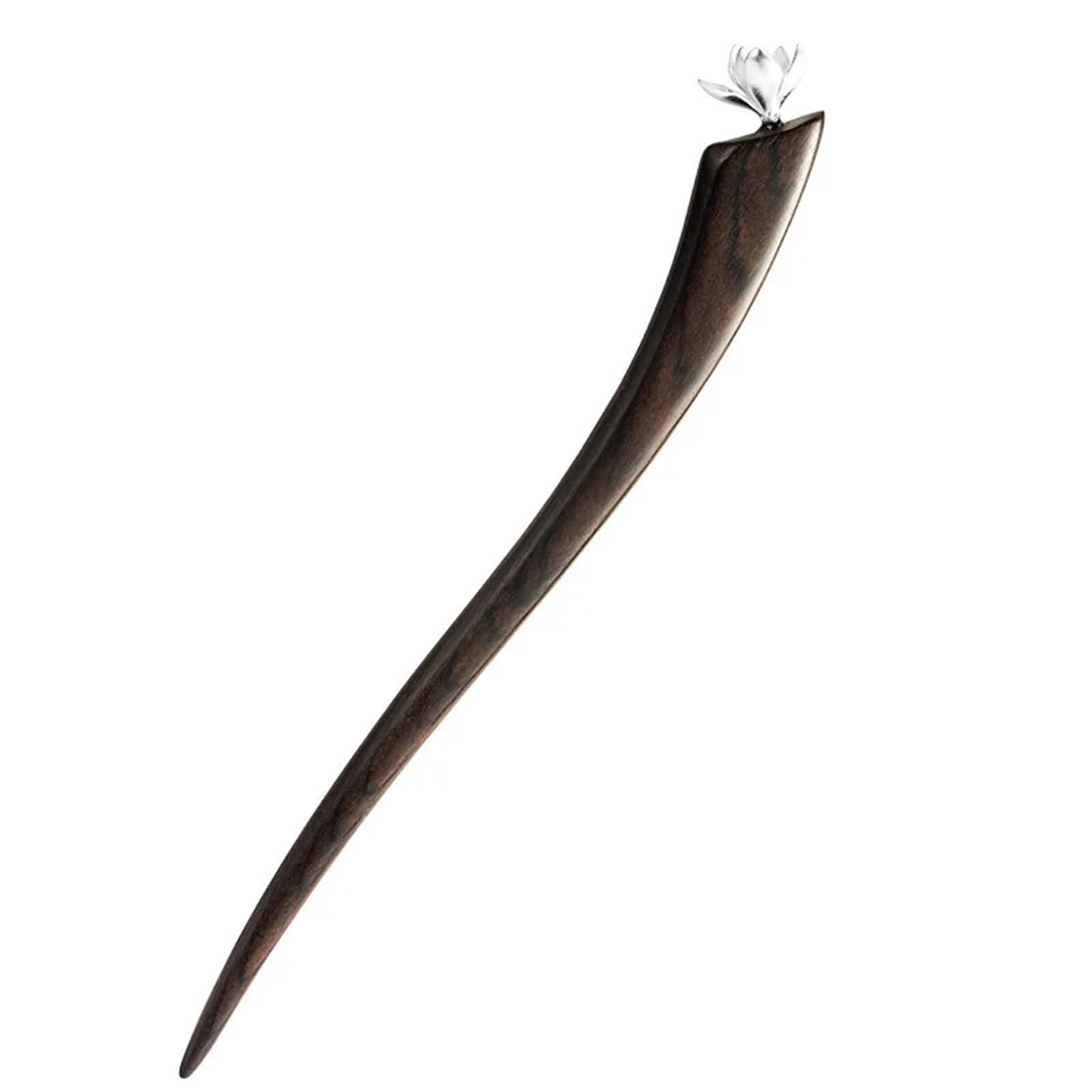 Baguette À Cheveux Épingle à cheveux Magnolia en bois d'ébène argenté