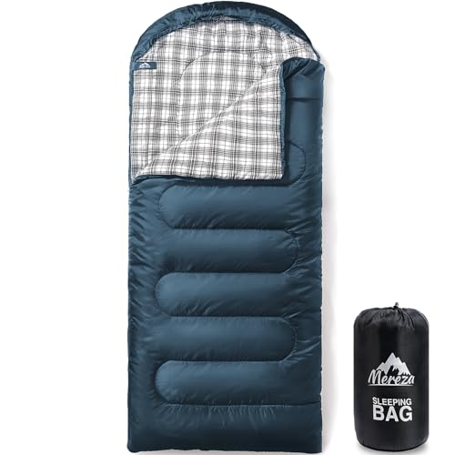 MEREZA Flannel Sleeping Bag for Adults XL Large Wide Sleeping Bags for Camping Mens Warm Cotton Sleeping Bag 4 Season Warm & Cool Weather with Compression Sack (Navy Blue)