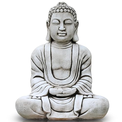 Buda Tibetano 59 cm (Ceniza) – Budas Grandes de Jardin en Piedra Artificial para Decoracion Jardin Exterior, Figuras de Budas y Estatuas Decorativas.