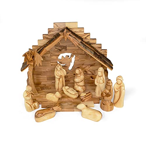 Olive Wood Nativity Set from Bethlehem - Intricately Hand Carved Wooden Nativity Set from the Holy Land with Large Bark Roof Stable, Manger & Figurines - Wood Nativity Scene Indoor Use for Christmas