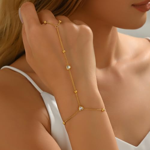 Hand Chain Bracelet for Women Adjustable 18K Gold Plated Finger Ring Bracelets,Minimalist Boho Wedding Pearl Cubic Zirconia Beaded Stackable Layered Chic Jewelry2