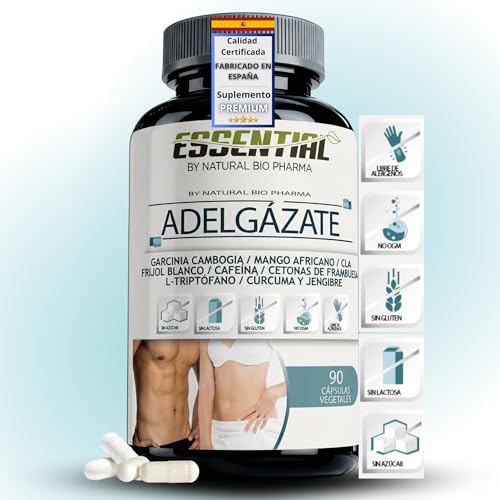 Potente Adelgazante. Quemagrasas y Reductor del Apetito. Garcinia Cambogia, Mango Africano y Cafeína para Resistencia, Apoyo Nutricional, Dieta y Ejercicio 90 Cap