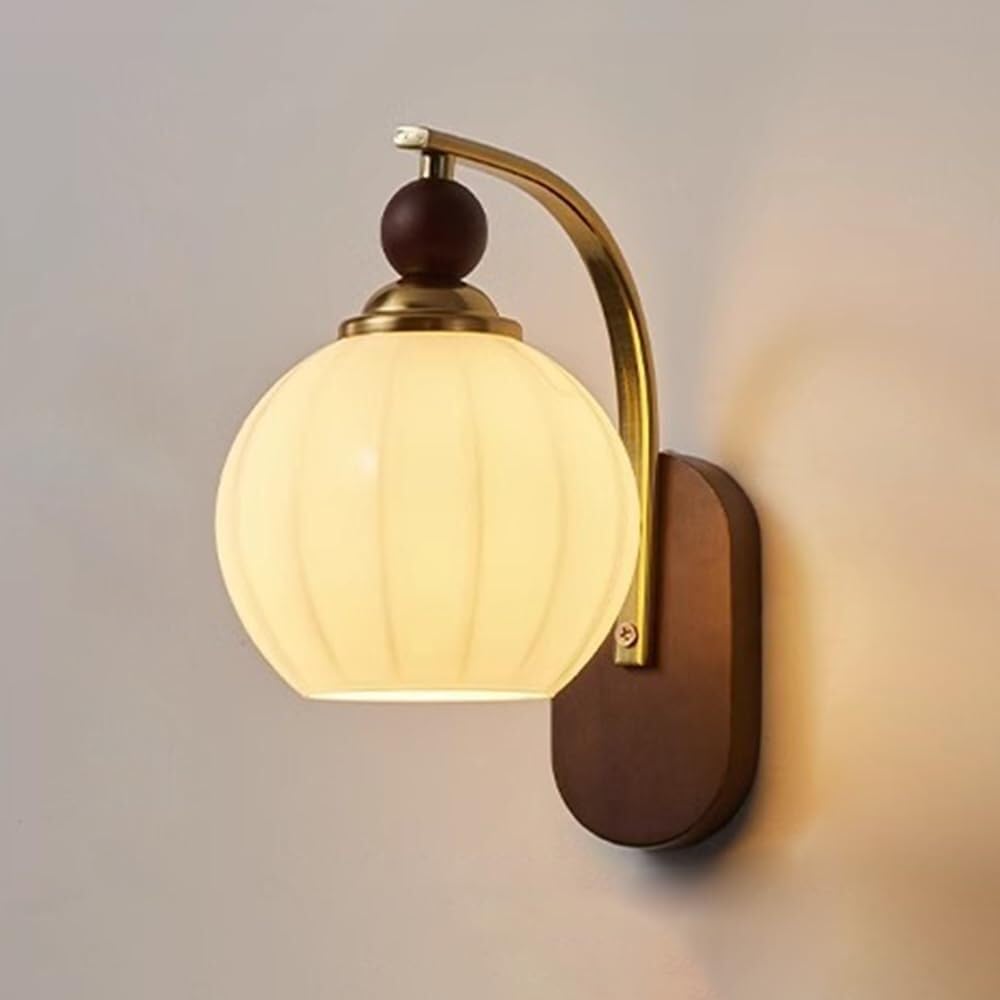 HXYSXHJUO Retro Bedside Wall Lamp with Glass Shade, Walnut Wood Lantern Lightng Sconce for Bedroom Living Room Study Dining Hallway Stairs Hall Restaurant(B)