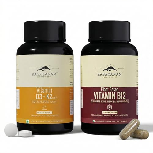 Image of Rasayanam Vitamin D3 + K2 & Vitamin B12 Combo for Daily Deficiency Support | For Energy, Nerve, Bone & Heart Health | 100% RDA, Lab-Tested & Vegetarian | D3+K2 (120 Tablets) + B12 (60 Capsules)