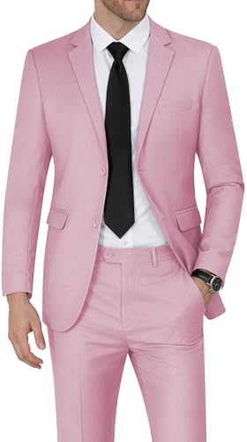 WEEN CHARM Men Suit Slim Fit 2 Piece Wedding Tuxedo Notch Lapel Groom Prom Party 2 Button Blazer Pants Suits Set Pink