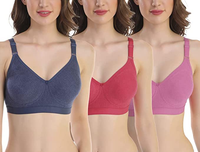 Image of SKDREAMS Blue & Brown & Purple-32D Cotton Blend Seamless Non Padded Non-Wired Full Coverage Pack of 3 Women T-Shirt Bra Combo