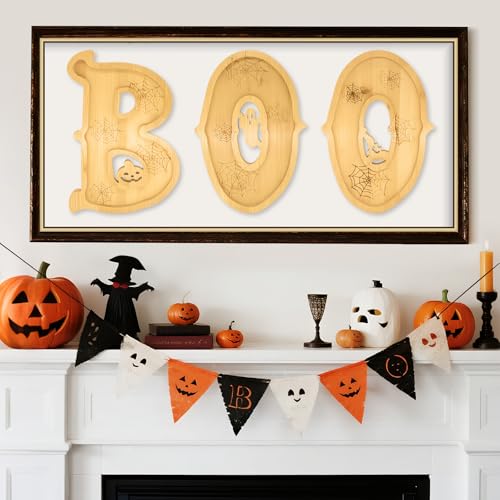 Image of 3PCS Wooden Halloween Charcuterie Board Set - Boo Letters (with 14 Balloons) - Halloween Party Table Decoration & Food Tray Platter
