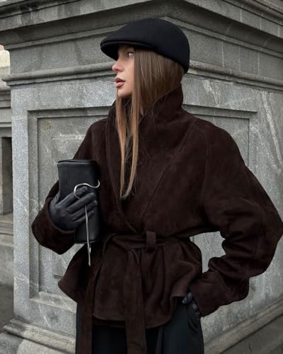 THLAI Womens Suede Jacket Long Sleeve Retro Lace Up Motorcycle Jacket Casual Daily Coat2