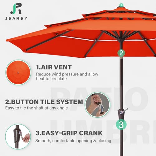 Image of JEAREY 9FT 3 Tier Patio Umbrella Outdoor Market Umbrella Table Umbrellas with 8 Ribs 1.5 Pole Push Button Tilt and Crank UV Protection for Garden,Orange