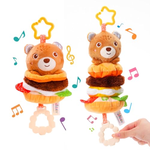 Image of Jollybaby Baby Musical Pull String Hanging Toys for Stroller Car Seat Crib Play Gym, Plush Stuffed Hamburg Bear Toy for Carseat with Music Teether Crinkle, Sensory Toy for 0-6-12-18 Months Baby Gifts