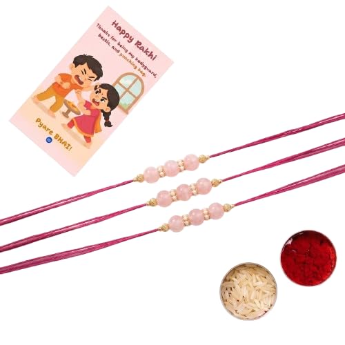 Image of Pink Beaded Rakhi for Brother with Greeting Card, Roli Chawal | Premium Pearl Stone Designer Rakhi | Raksha Bandhan Gift for Brother