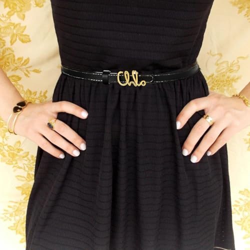 Narrow black and white belt for women, gold-tone leather buckle, trendy, thin, for jeans, pants, dresses3