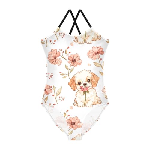 ZZKKO Cute Puppy Dog Flower Girls Swimsuit One Piece Bathing Suit for Baby Girls' Swimwear 3-10T