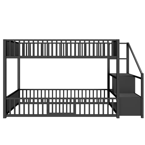 Image of Bellemave Metal Bunk beds Twin Over Twin with Guardrail and Storage Stairs, Floor bunk Bed with guardrail for Kids, Black