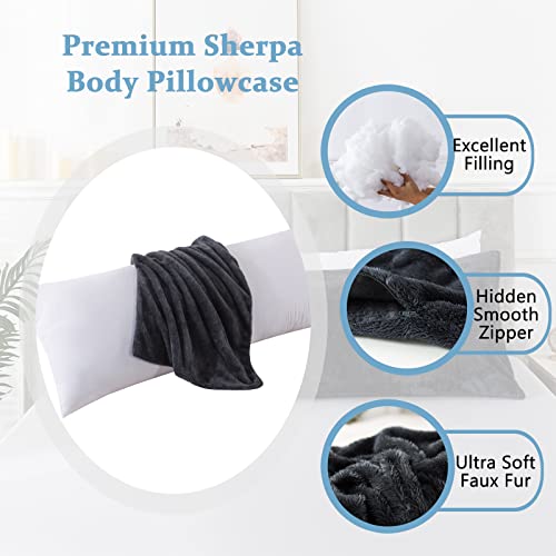Whatsbedding Body Pillows For Adults, Ultra Soft Faux Fur Body Pillow Cover With Hidden Zipper Closure, Fuzzy 21 X 54 Body Pillow Case, Fluffy Long Body Pillow Sham, 21"X54",Dark Gray #TOP4