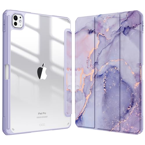 Image of Fintie Hybrid Slim Case for iPad Pro 11-inch (M5) 2025 / (M4) 2024 - [Built-in Pencil Holder] Shockproof Protective Cover with Clear Transparent Back Shell, Lilac Marble