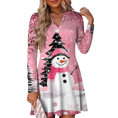 Weihnachtskleider Damen Weihnachten Midikleid Herbst Bunt Langarm Abendkleid Elegant Weihnachtskleid Curvy A-Linien Partykleid Rot 2XL