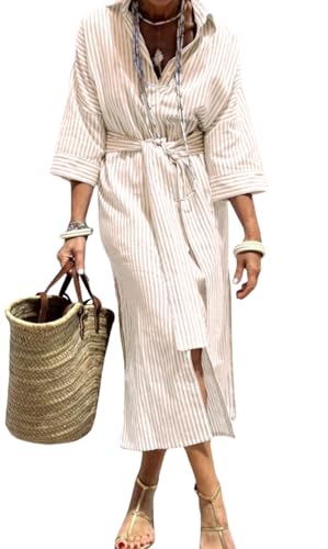 Image of chouyatou Women's Summer 3 /4 Sleeve Striped Shirt Dress Belted Maxi Long Casual Button Down Beach Dress