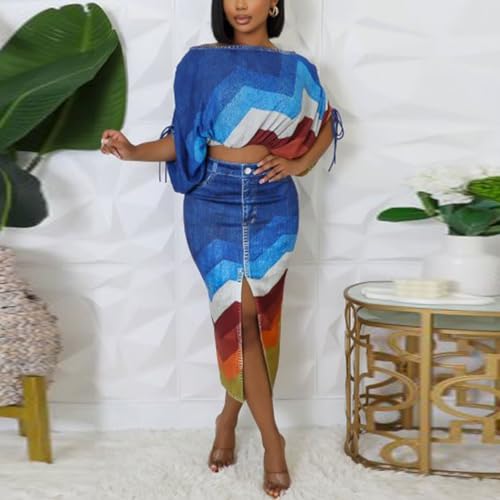 Womens Sexy 2 Piece Outfits Off Shoulder Bat Sleeve Crop Tops and Front Split Skirt Sets2