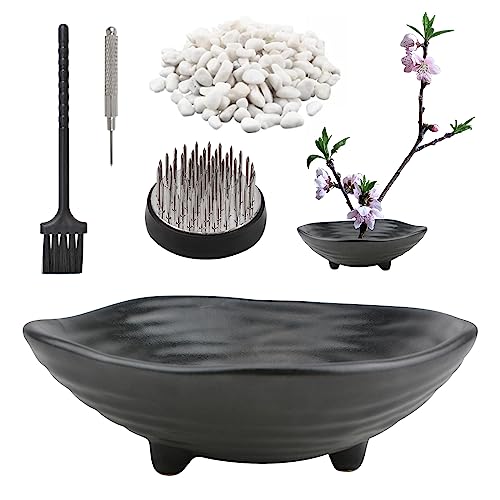 CRAFFANCY Flower Arranging Pot, Mini Irregular Ceramic Kenzan Flower Pot With 4.6cm Flower Pin Frog & 100 Grams White Decorative Stone Beads, Black Flower Vase For Ikebana Flower Arranging Art