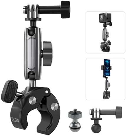 TELESIN Motorrad/Fahrrad Halterung für Action Kamera mit 360° Drehbare | Klemme für DJI Action 6/5/4 Pocket Insta360 GoPro Mission Hero 13-7, für 9-38mm Rohre mit 1/4 Adapter, Outd
