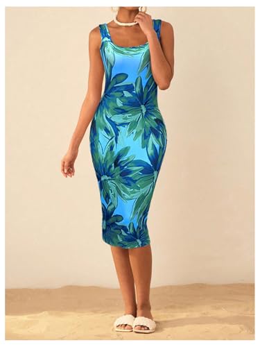 Floerns Women's Floral Midi Summer Dresses Square Neck Bodycon Vacation Dress2