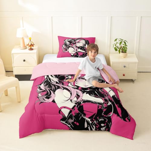 Image of Erosebridal Pink Anime Girls Bedding Cartoon Japanes-Style Comforter Set Twin, Graffiti Street Culture Bed Comforter Set for Kids Teens Youth Watercolor Hippie Style Duvet Set 2Pcs