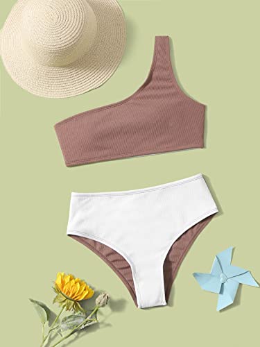 Oyoangle Girl's 2 Pieces Bikini Set Colorblock One Shoulder Ribbed Bikini Swimsuit Swimwear Brown And White 150 #TOP4